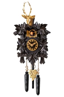 Moderne koekoeksklok zwart-goud met hertenkop